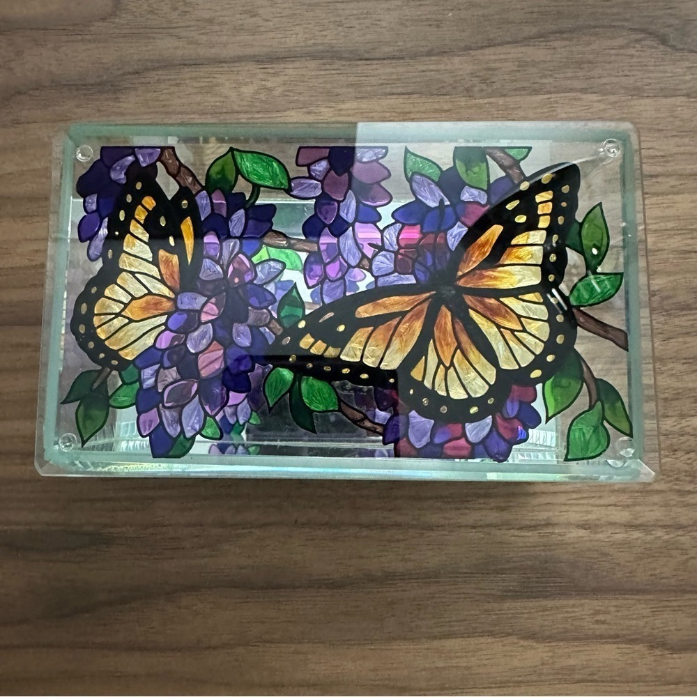 Joan Baker Designs Hand Painted Stained Glass Butterfly Jewelry Trinket Box NEW